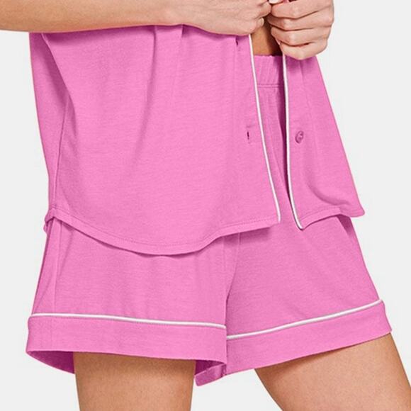 ZENANA Mauve Pink Button Down Short Sleeve Top and Shorts Pajamas Lounge Set - Picture 5 of 5